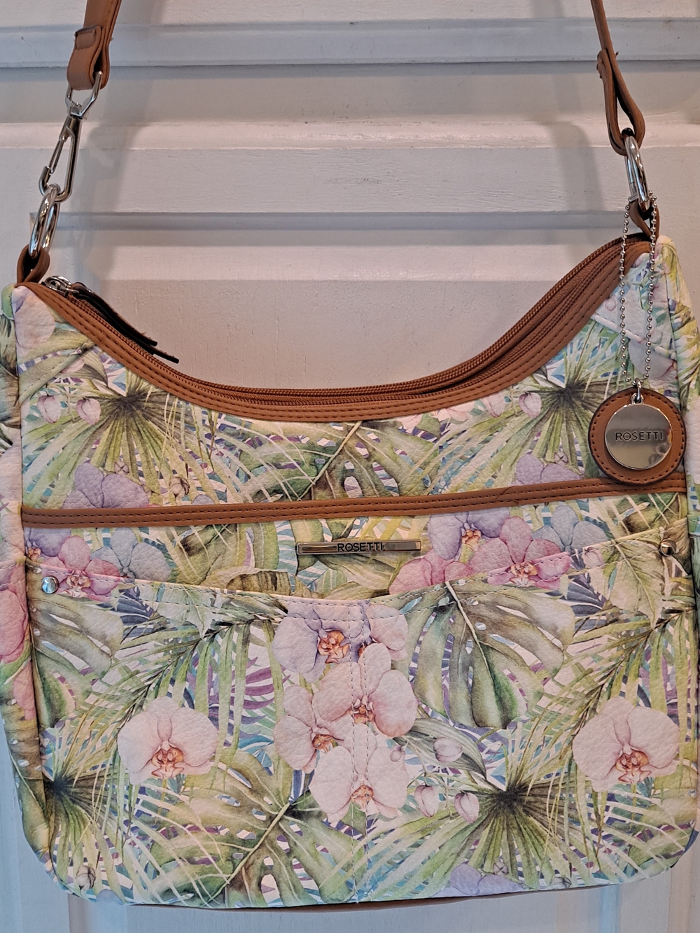 Rosetti Cindy Hobo Tropical Orchid Floral Crossbody Bag Pastel Pink & Green